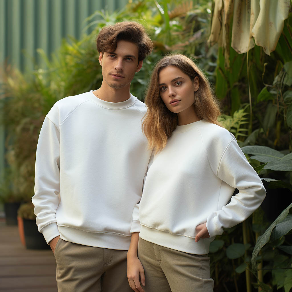 An image showcasing sustainable production methods for crew neck sweatshirts, including the use of environmentally friendly materials like organic cotton and recycled polyester, along with reduced water and energy consumption in the production process to minimize environmental impact.