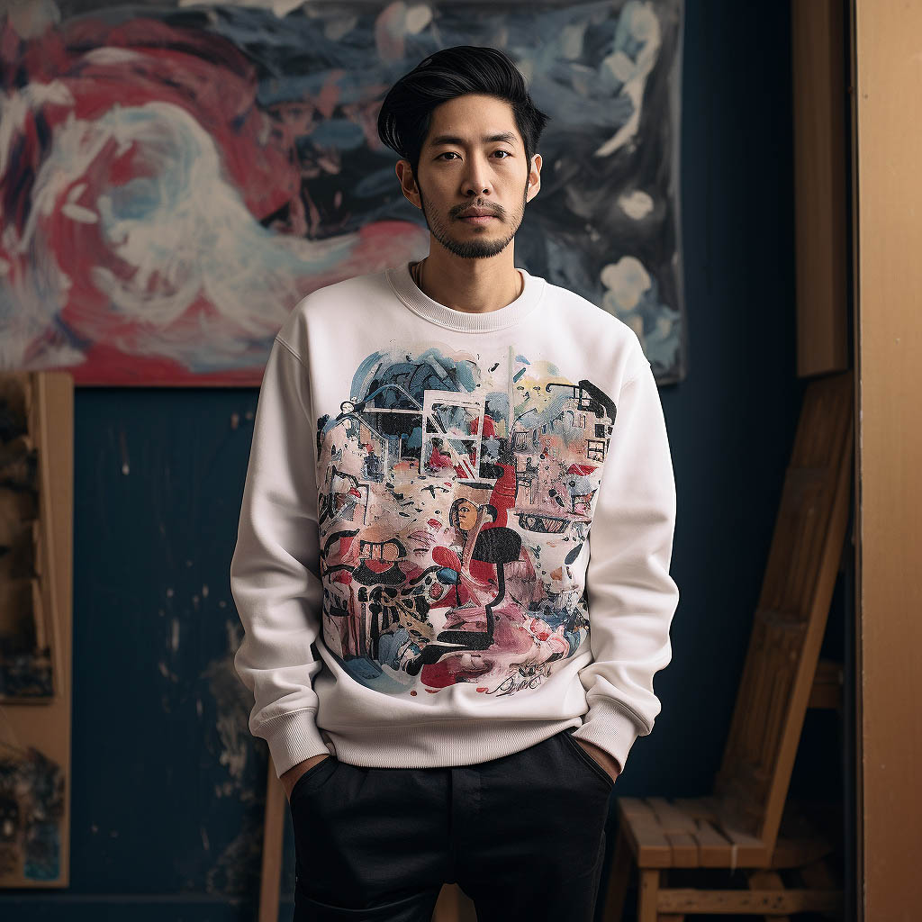 One person wearing Blended (Cotton/Polyester) Fabric made of Chengde crew neck sweatshirt