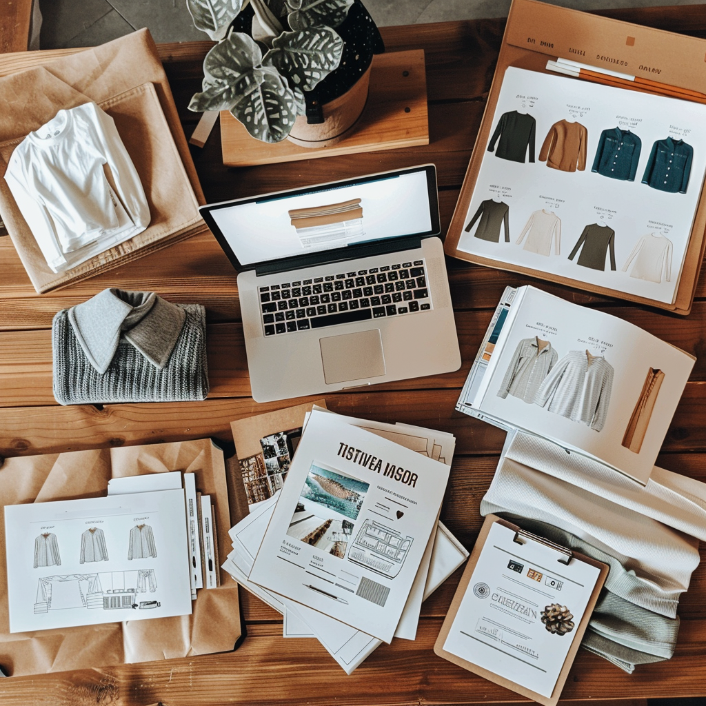 Organized workspace with laptop, clothing samples, design sketches, and catalogs on a wooden table.
