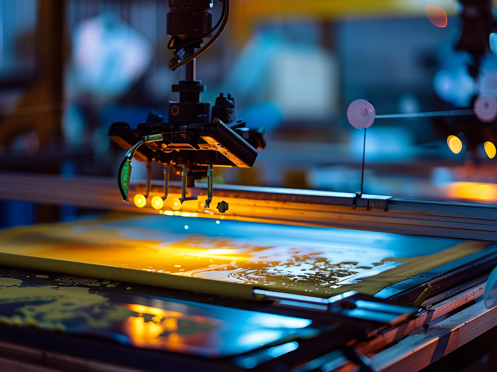 A screen printing machine applying designs with precision under bright lights in a factory setting.