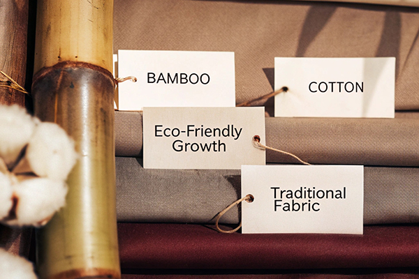 Comparison of bamboo and cotton fabrics with tags highlighting bamboo as eco-friendly growth and cotton as traditional fabric, alongside raw materials like bamboo and cotton.