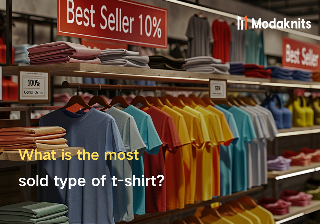 Display of colorful T-shirts on hangers and shelves in a store with a "Best Seller" sign above.