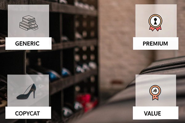 Shelves with shoes in the background overlaid with categories: 