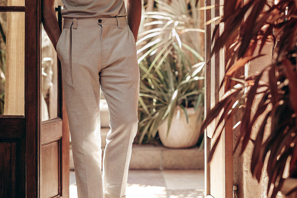 Close-up of beige linen pants styled with a light shirt, as the wearer walks through a sunlit doorway.
