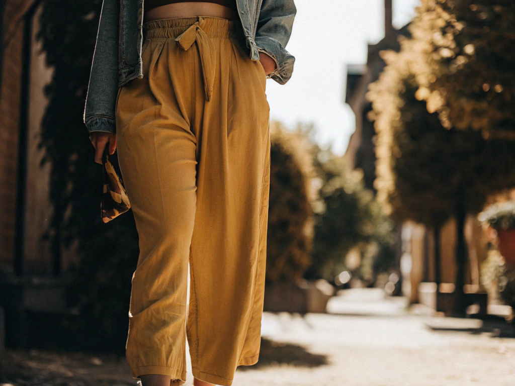 Close-up of a woman in mustard harem pants styled with a denim jacket and crop top, walking on a tree-lined street.