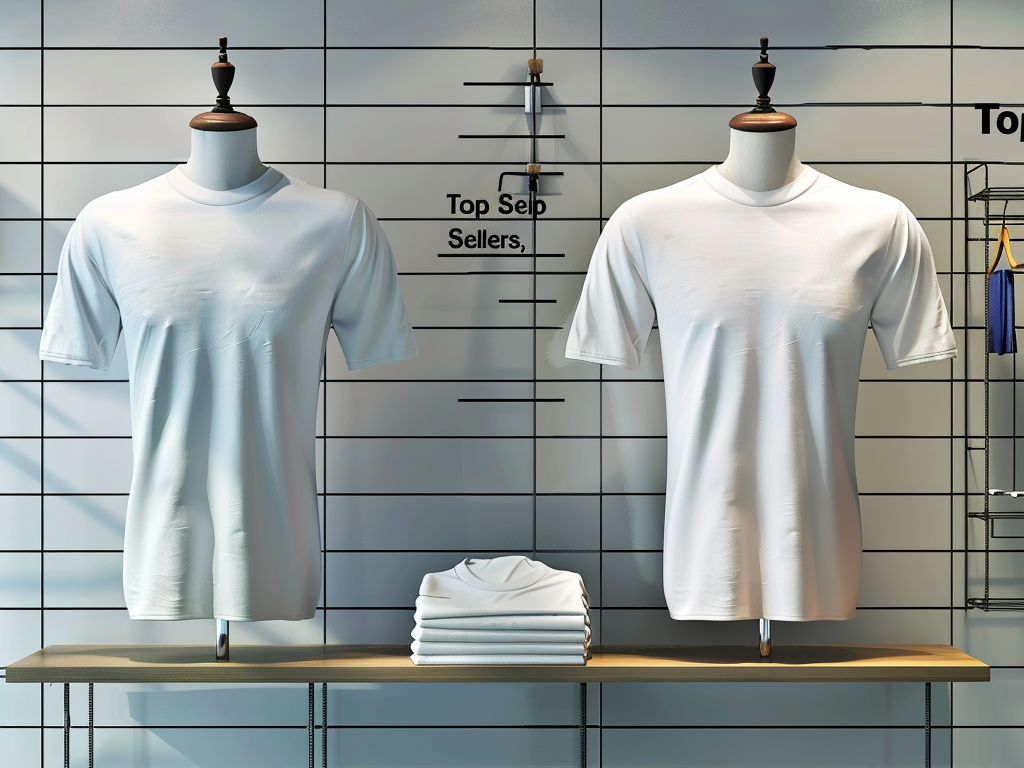 White T-shirts on mannequins and stacked on a shelf in a retail store setting.
