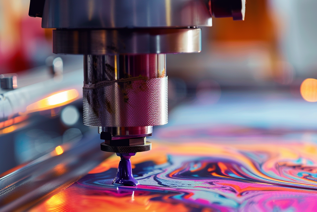 Close-up of a printing nozzle applying vivid and swirled ink designs onto fabric.