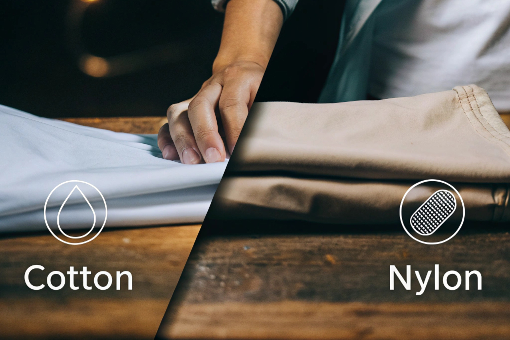 Side-by-side image of white cotton fabric being touched and folded beige nylon fabric, highlighting texture and material differences. Icons label the fabrics as "Cotton" and "Nylon."