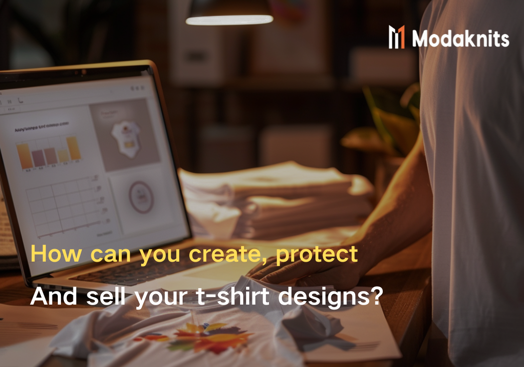Person working on a laptop showing design analytics, with printed T-shirts on a table under warm lighting.