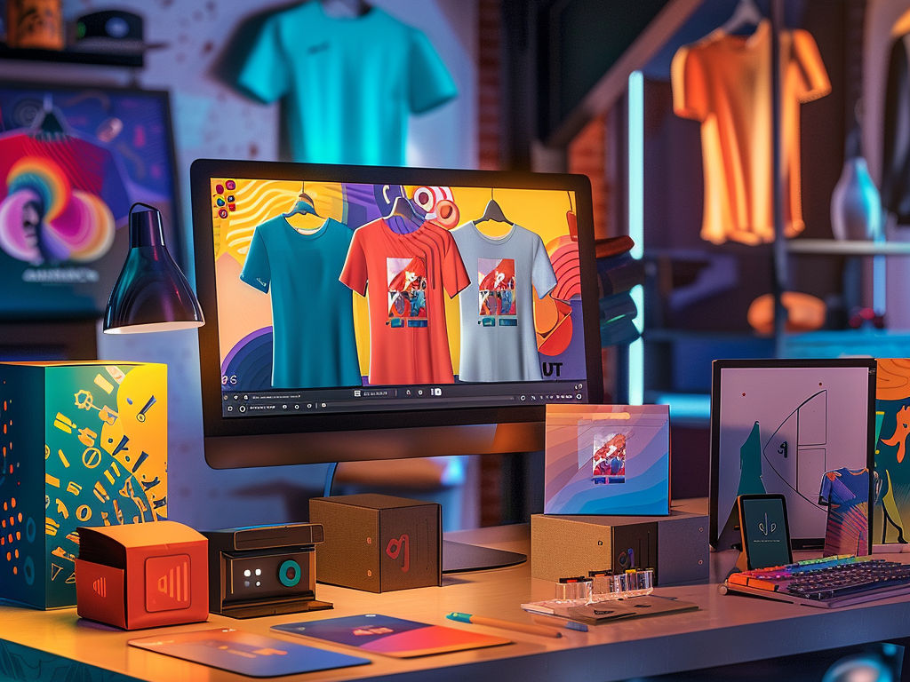 A digital workspace showcasing T-shirt mockups on a computer screen surrounded by design tools and vibrant decor.
