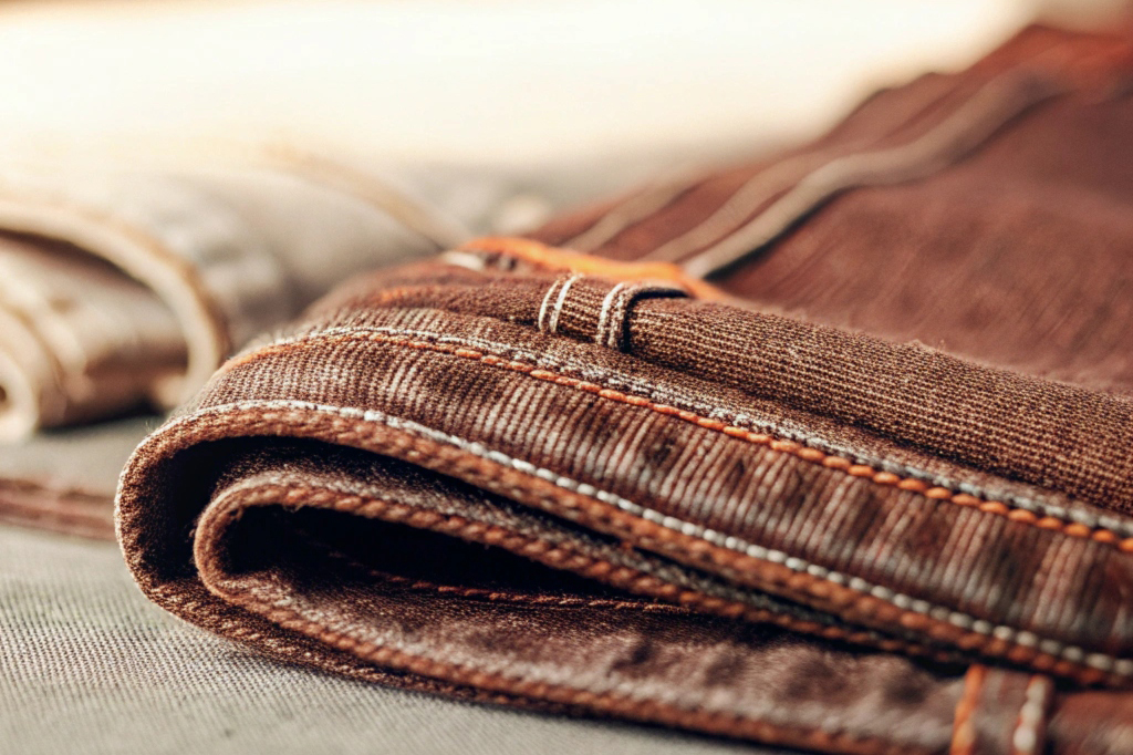 Folded brown denim jeans showcasing intricate stitching and durable fabric design.