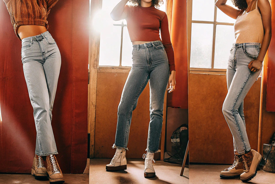 Women modeling high-waisted denim jeans in different cuts and styles, paired with casual tops and boots in a bright, natural-lit room.