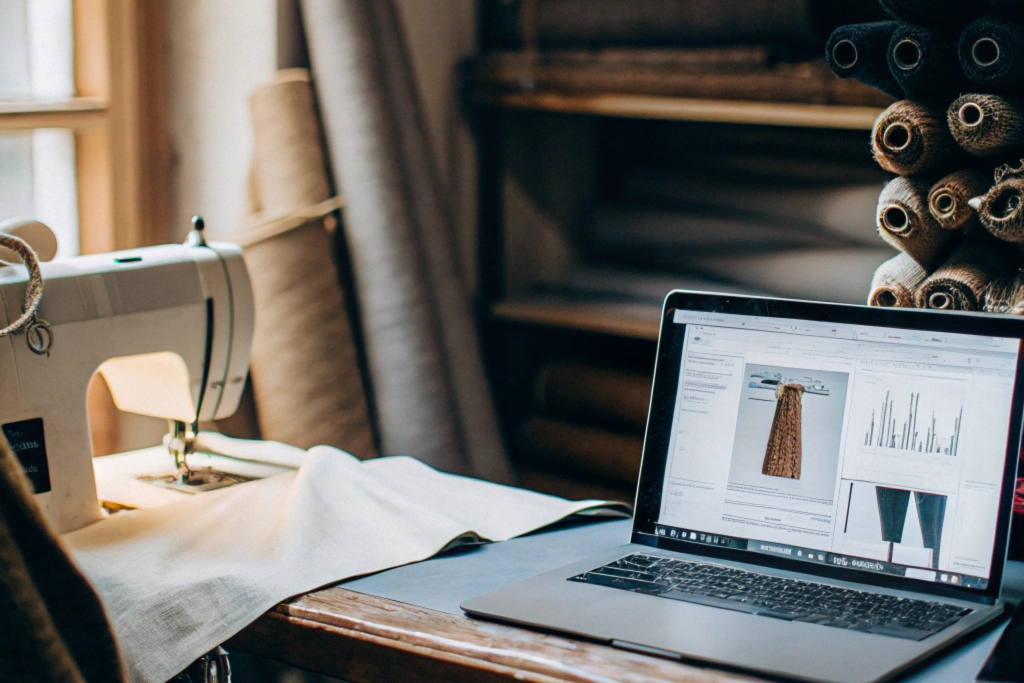 Open laptop displaying clothing designs next to sewing equipment, surrounded by fabric rolls, in a creative workspace.