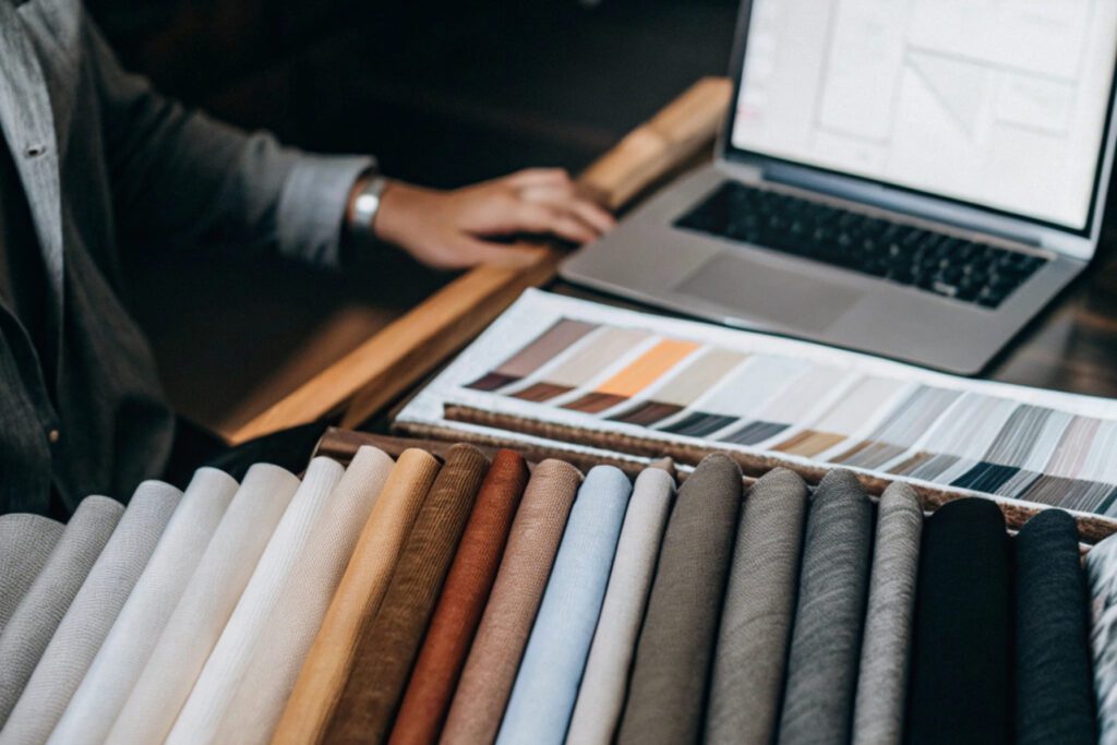 Close-up of a table with a variety of fabric swatches in neutral tones, with a laptop and a person reviewing designs.