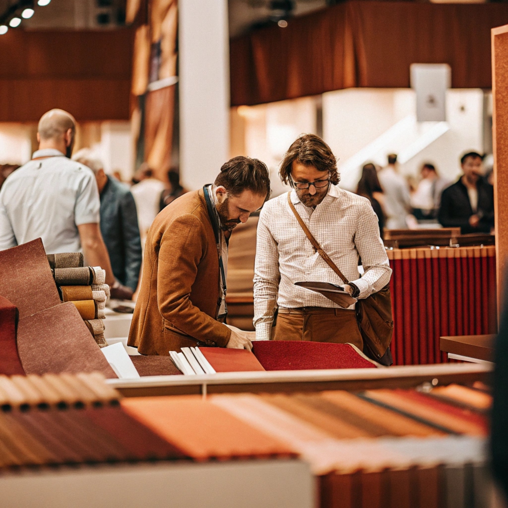 Two men examining fabric samples at a trade show booth with various materials displayed.