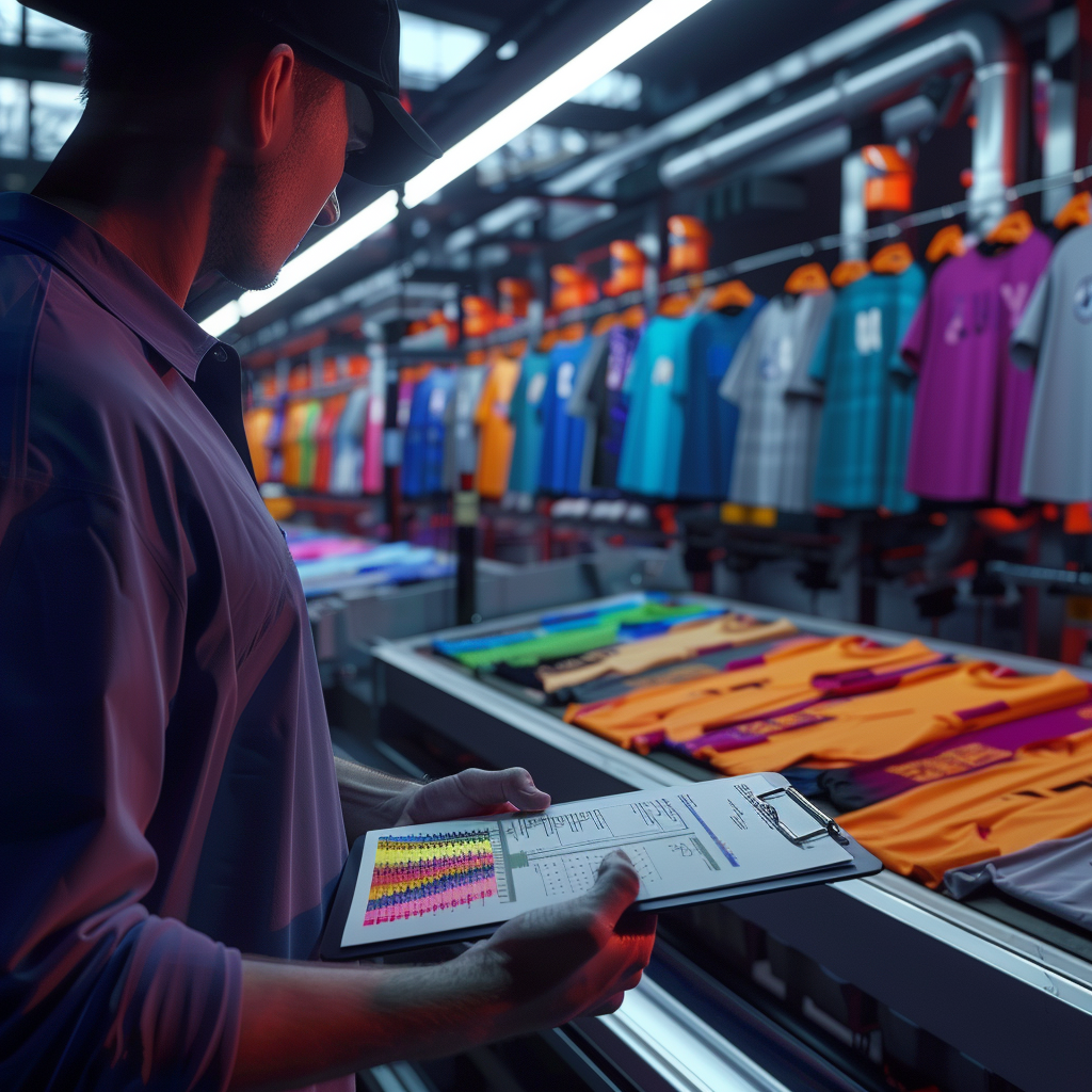 Worker inspecting colorful T-shirts on a production line while holding a clipboard with color samples.