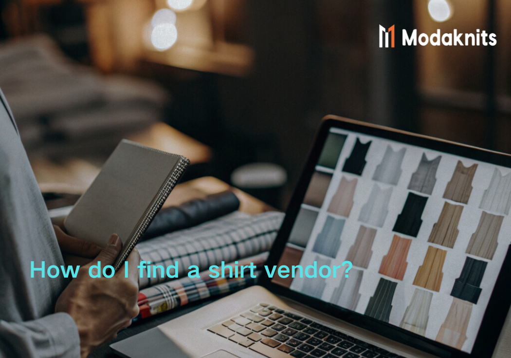 Person reviewing fabric swatches and vendor options on a laptop displaying shirt designs.