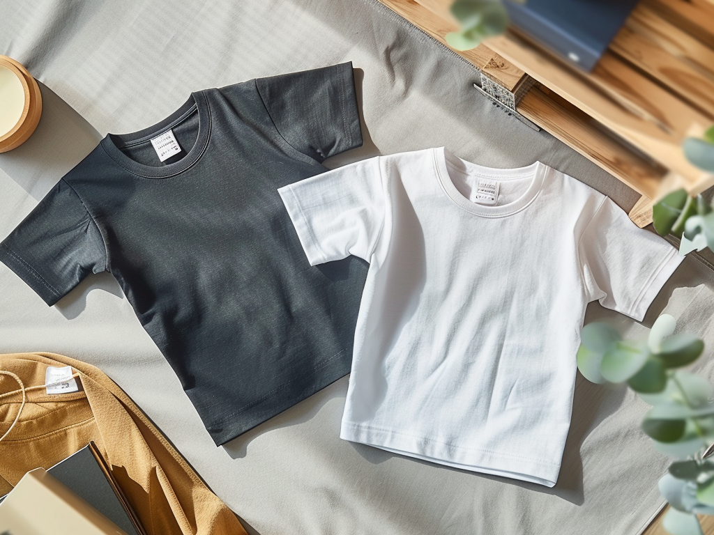 Black and white T-shirts neatly laid out on a table under natural sunlight.