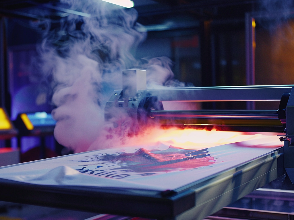 Fabric being processed through a heat press machine emitting steam for design application.