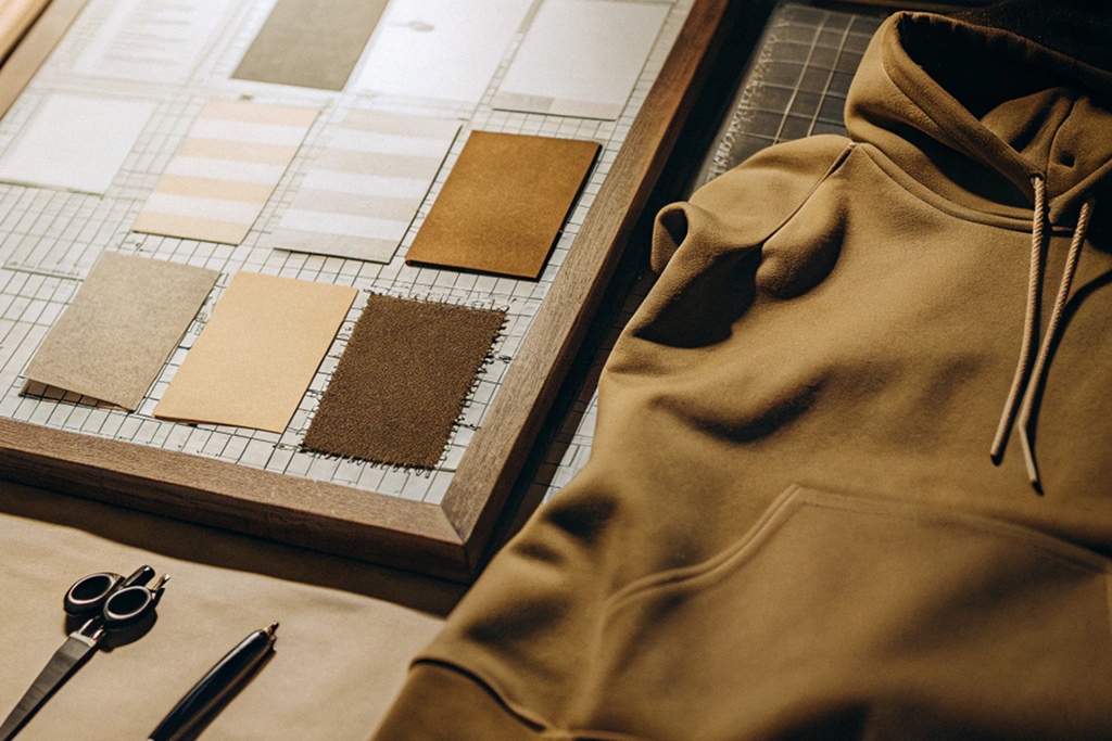 A beige hoodie laid out beside fabric swatches, scissors, and design tools on a designer's workspace.