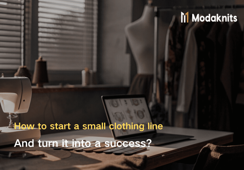 Sewing machine and laptop on a table in a cozy workspace, showing clothing sketches and fabric swatches for starting a small clothing line.
