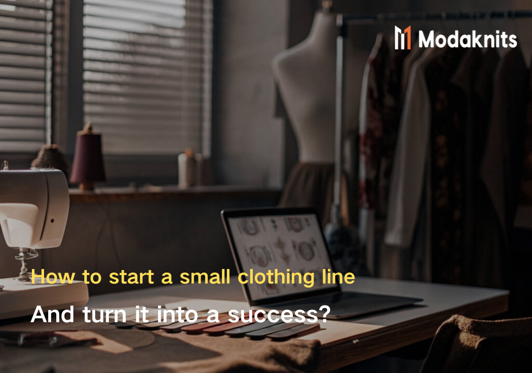 Sewing machine and laptop on a table in a cozy workspace, showing clothing sketches and fabric swatches for starting a small clothing line.