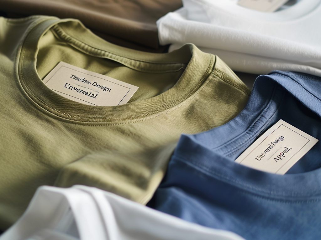 Close-up of neatly folded T-shirts in olive, blue, and white, featuring minimalist branded tags.