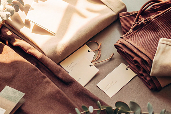Earth-toned fabrics and eucalyptus leaves with minimalist tags in soft sunlight, showcasing sustainable fashion materials.