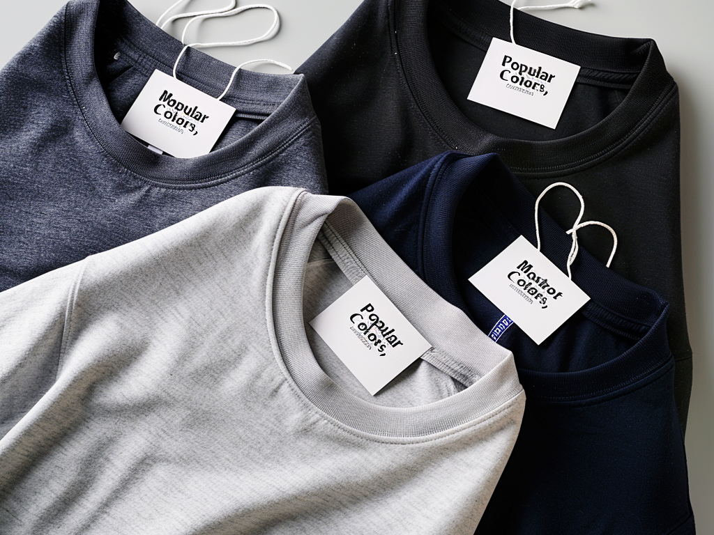 Folded T-shirts in shades of grey, black, and navy with tags showcasing popular neutral tones.