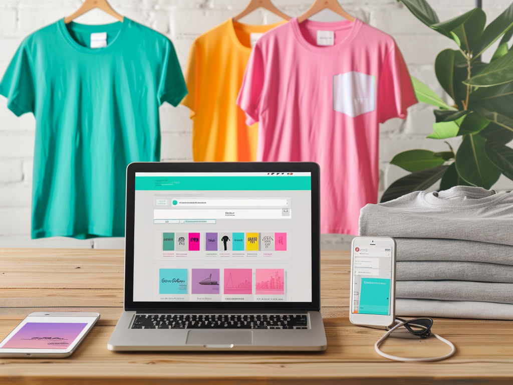 Laptop and smartphone showing T-shirt designs, with colorful shirts on hangers and neatly folded on a wooden table.