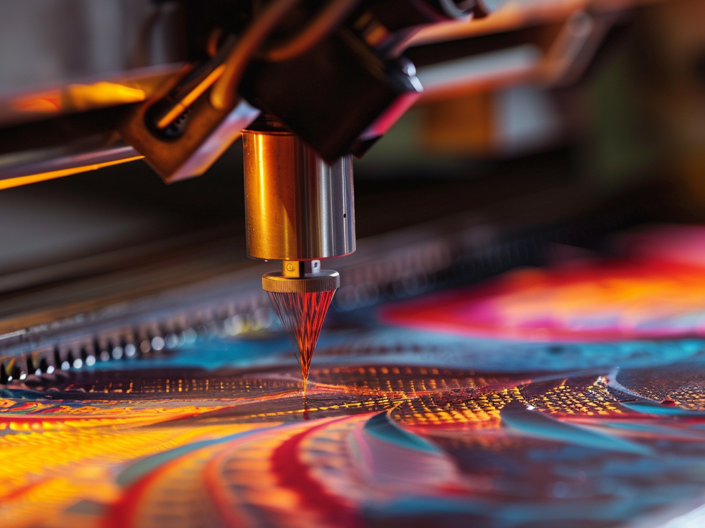Close-up of a digital printing nozzle applying intricate designs with vibrant colors on fabric.