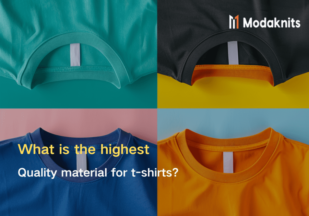 Close-up of colorful T-shirt collars in green, black, blue, and orange showcasing quality fabric.