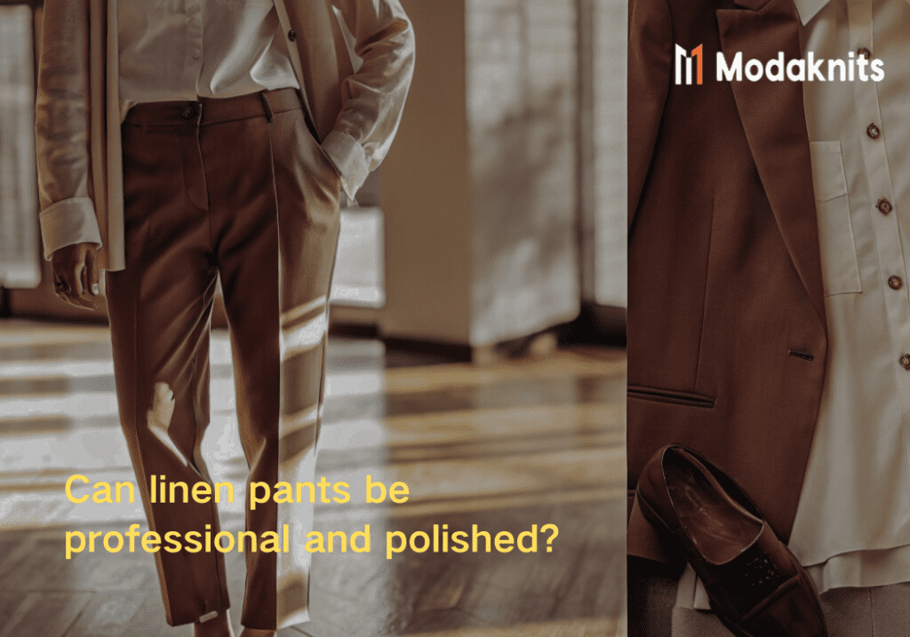 Woman in polished brown linen pants paired with a white blouse and matching blazer, showcasing a professional and elegant look.