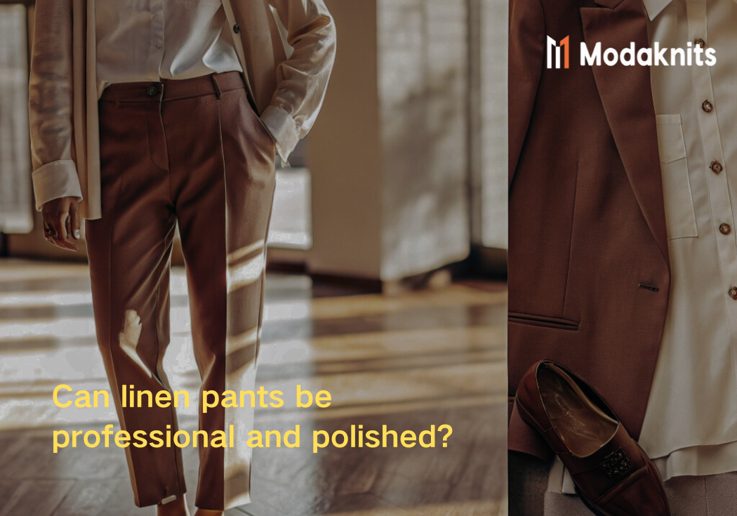 Woman in polished brown linen pants paired with a white blouse and matching blazer, showcasing a professional and elegant look.