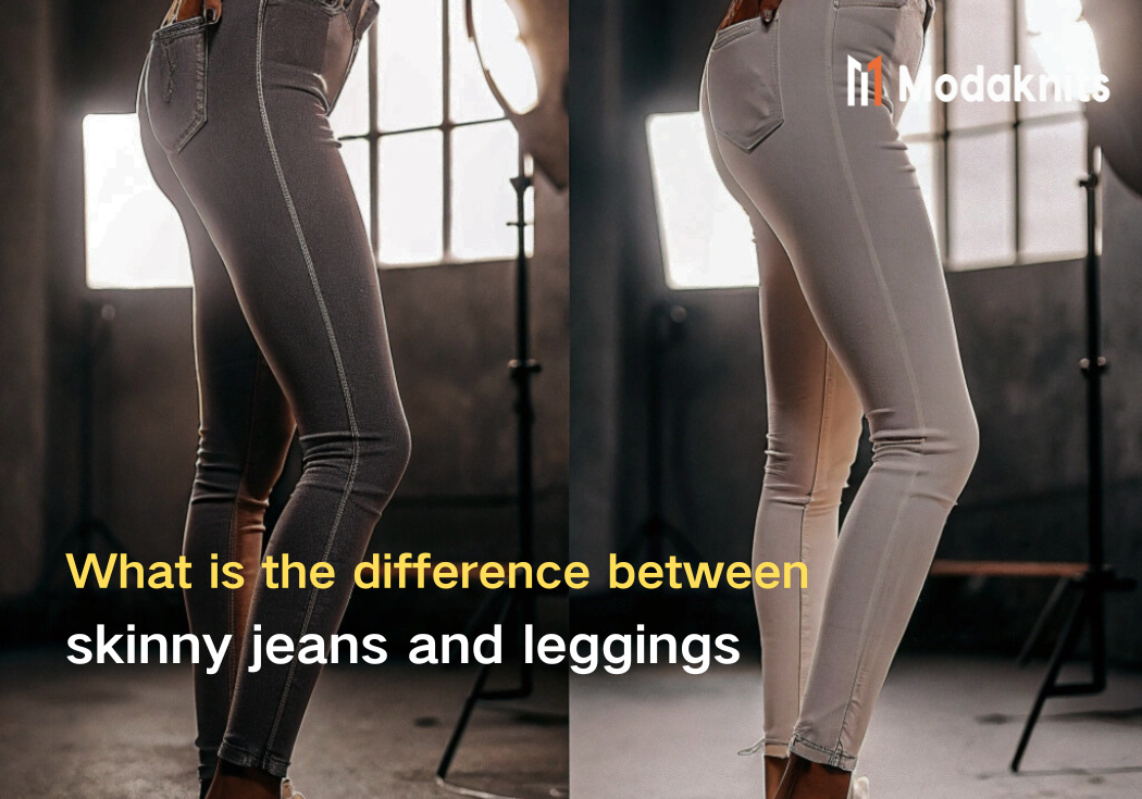 Side-by-side comparison of skinny jeans and leggings, highlighting fabric texture, stitching, and fit in a studio setting.
