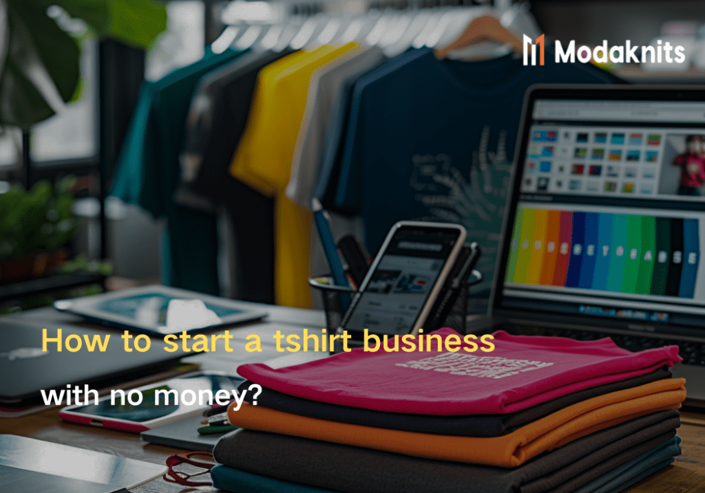 Workspace with stacked colorful T-shirts, a laptop displaying design tools, and a smartphone for online business management.