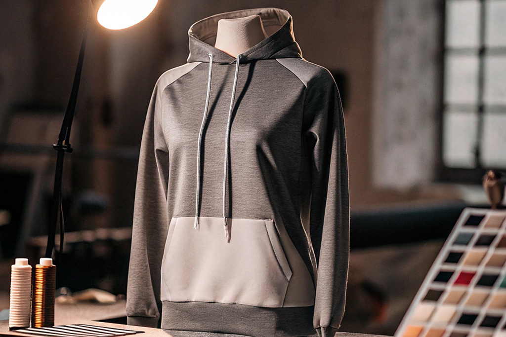 A mannequin wearing a gray hoodie under a spotlight in a workshop, surrounded by fabric rolls and thread spools.