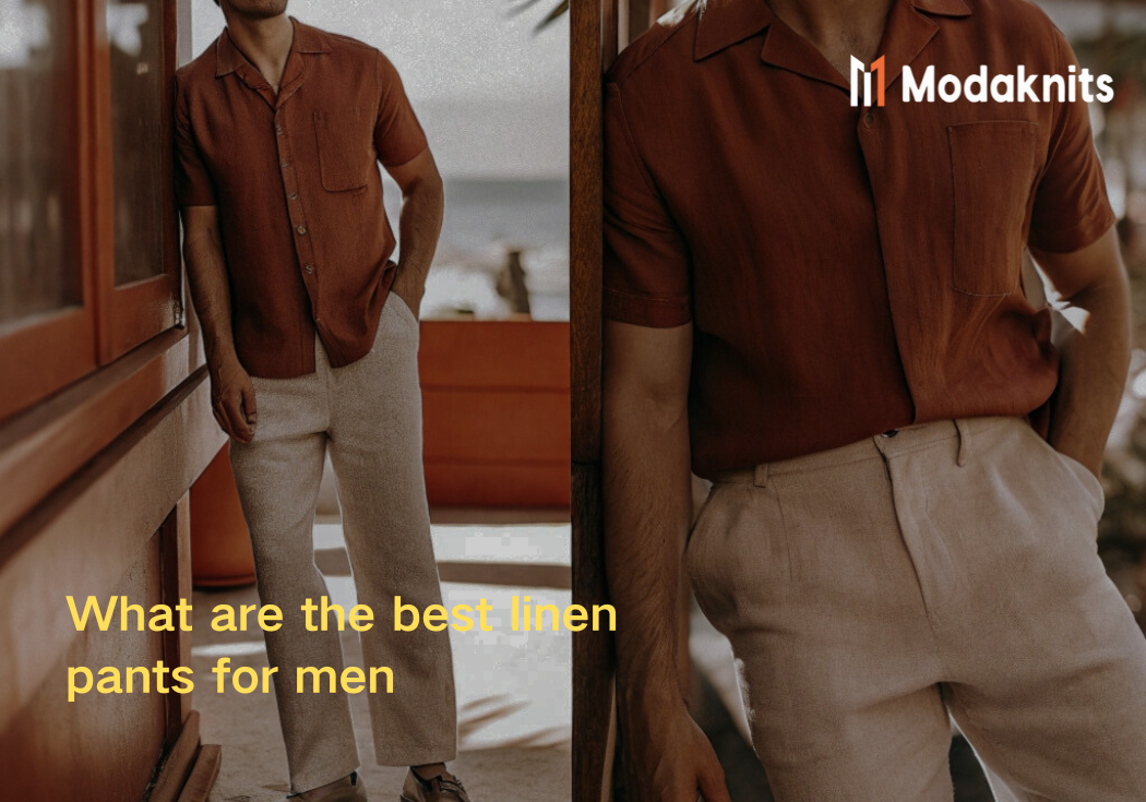 Man wearing beige linen pants paired with a rust-colored shirt, standing in a tropical outdoor setting.