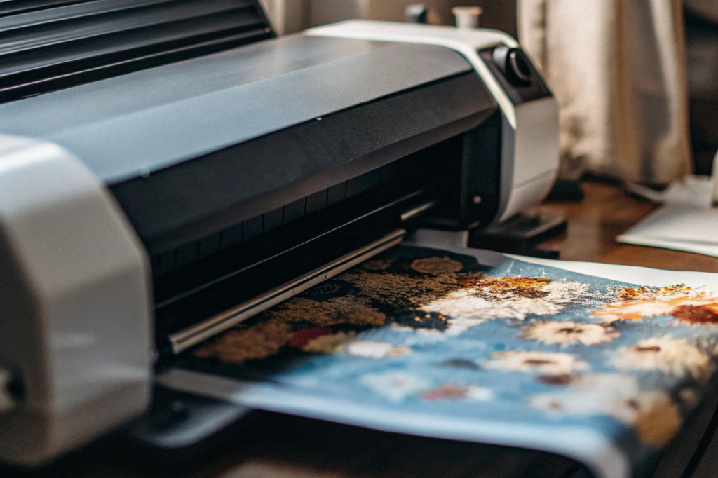 Sublimation printer ejecting a vibrant, detailed floral print, ideal for fabric or mug transfer projects.