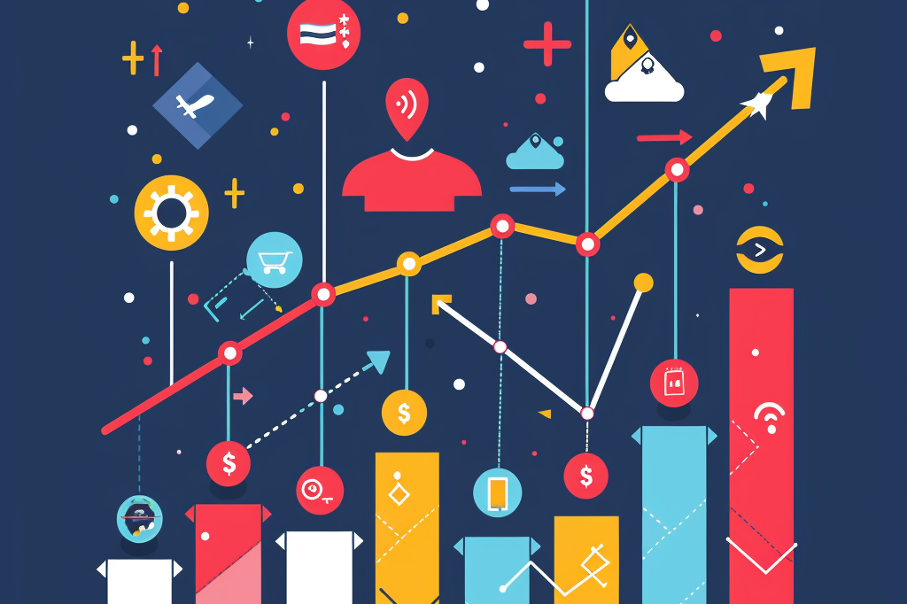 Colorful infographic showing growth charts, data points, and icons related to the T-shirt business and market trends.