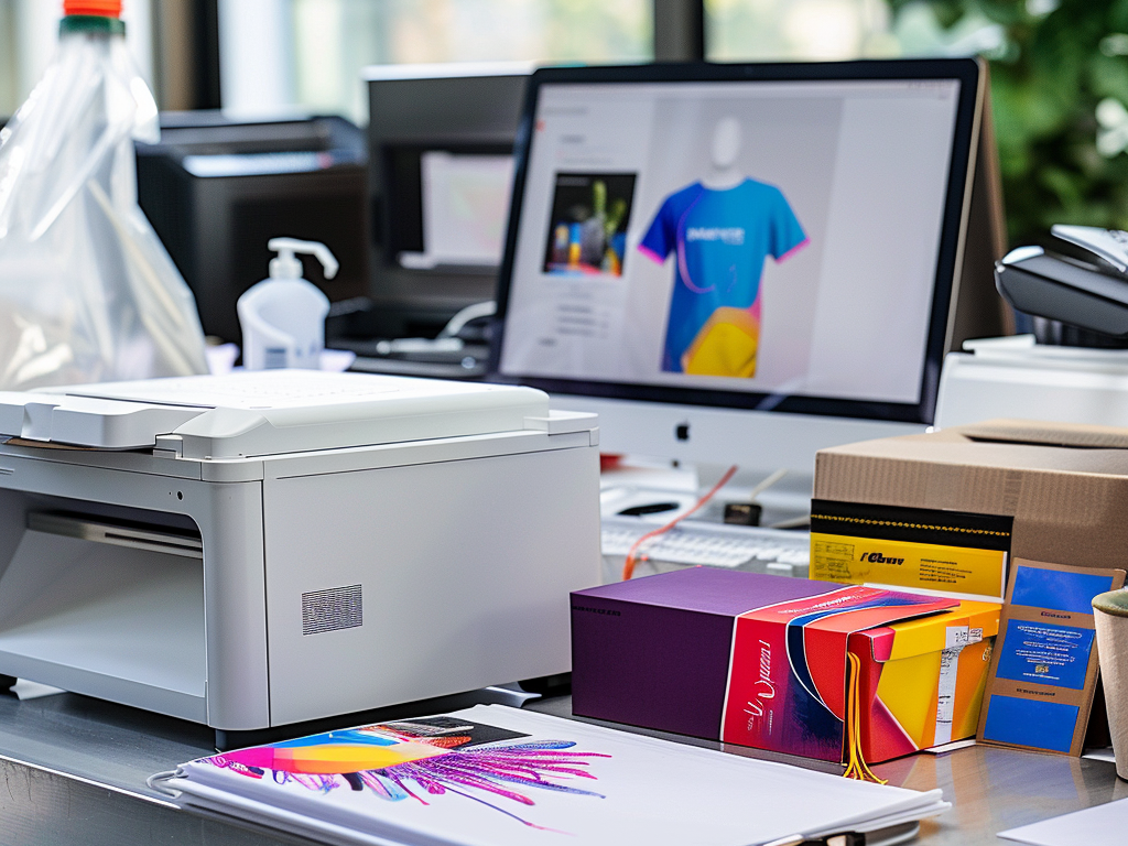 A professional setup with a printer, design tools, and a computer displaying custom T-shirt designs.