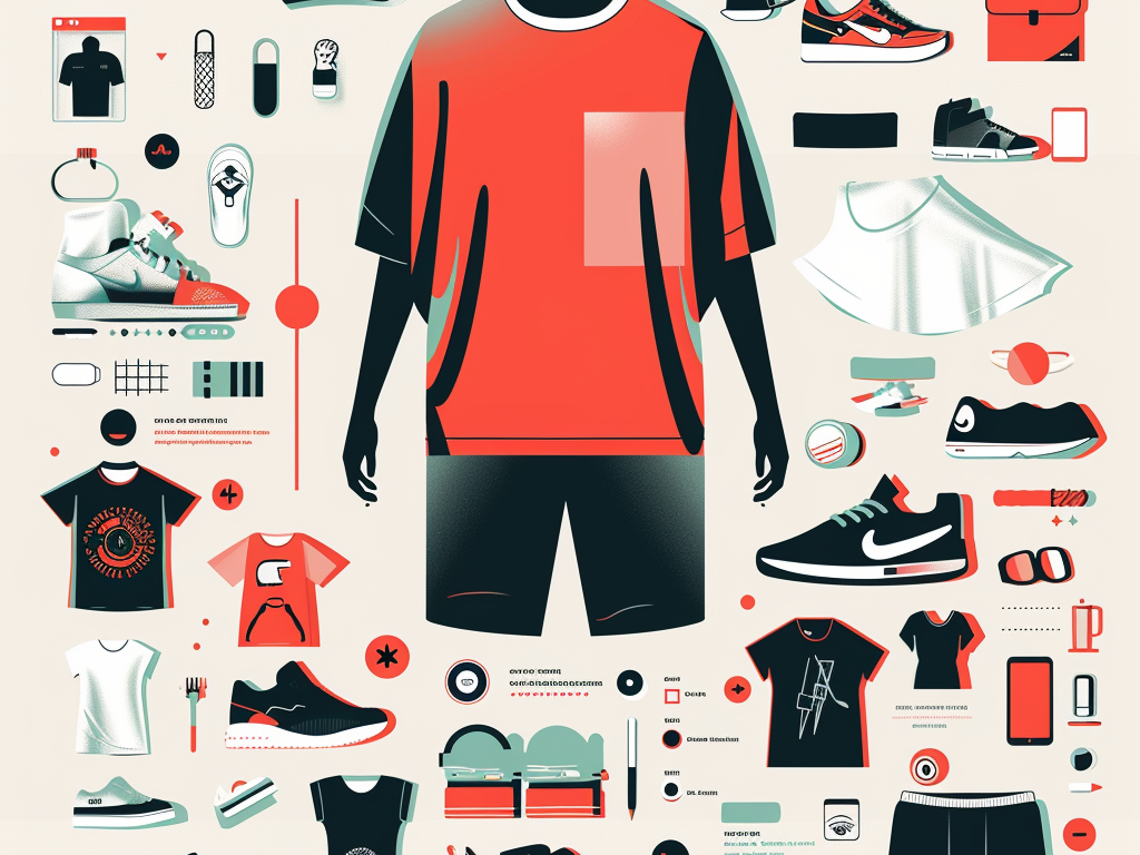 Illustrated infographic featuring a T-shirt with related accessories and design elements in a creative layout.