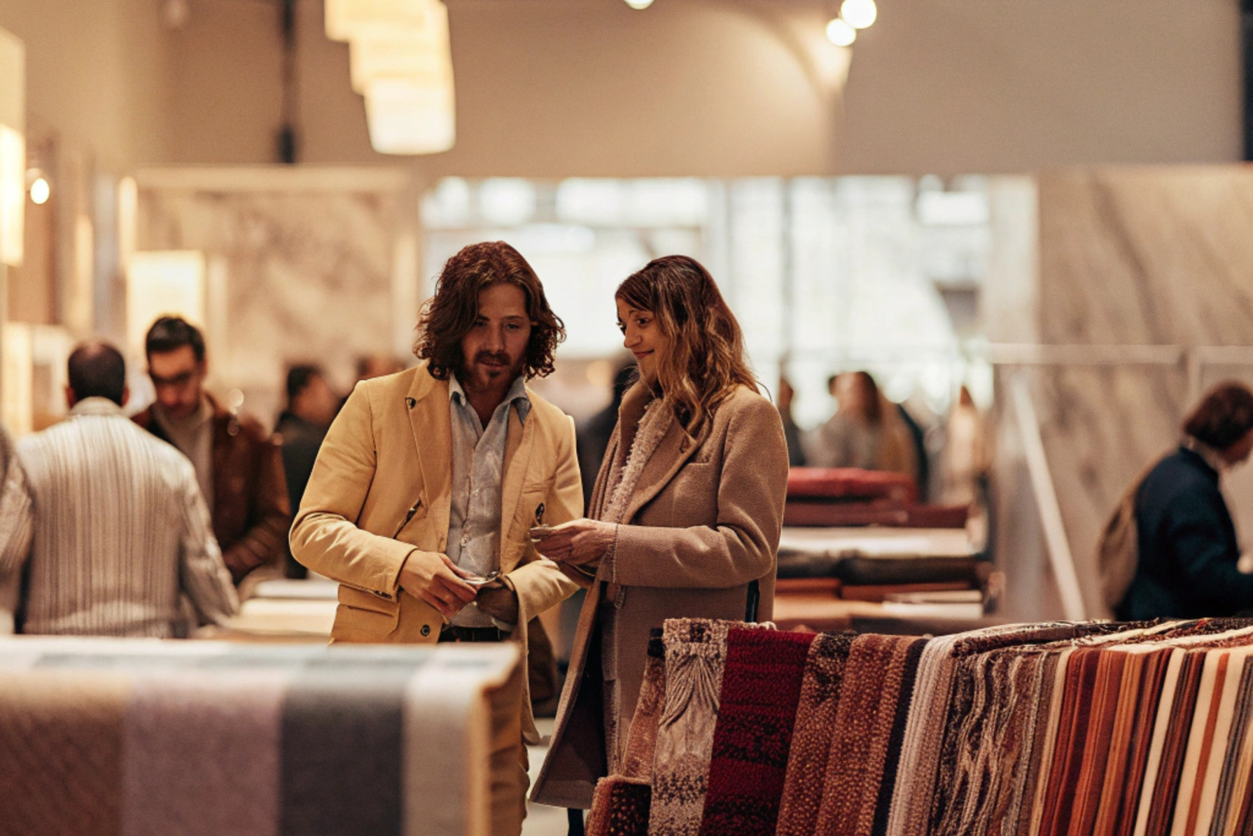 Two people discussing fabric samples at a trade show, surrounded by colorful textile displays and other attendees.
