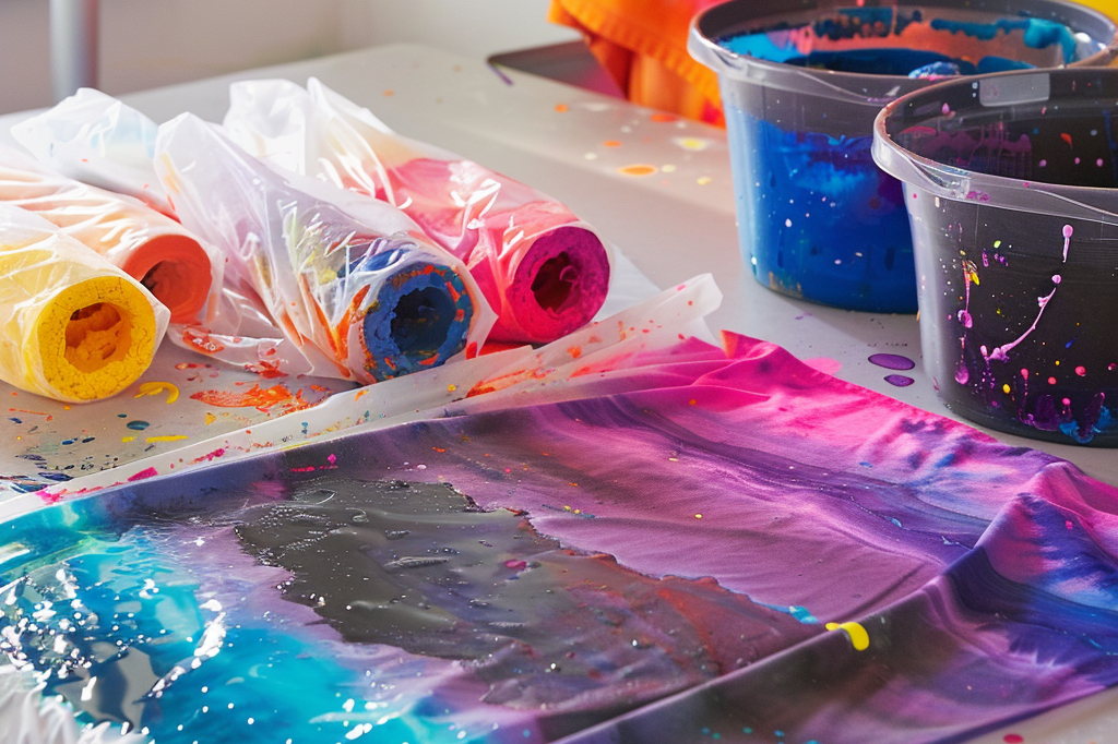 A crafting table with colorful tie-dye materials, including sponges, fabric, and buckets of vibrant dye.