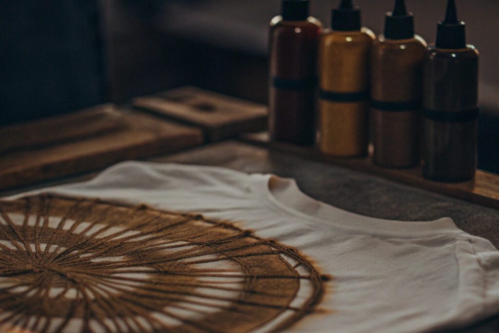 Close-up of a white t-shirt with a circular tie-dye pattern being created, with bottles of dye on a wooden tray.