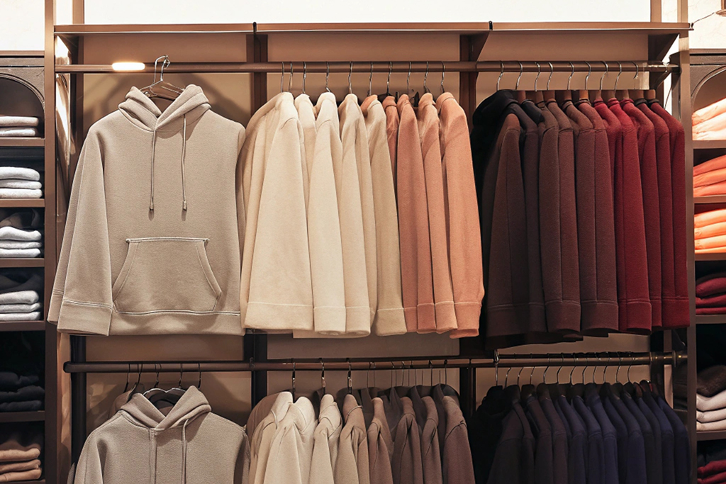 A clothing rack showcasing neutral and statement-colored hoodies arranged neatly in a store.