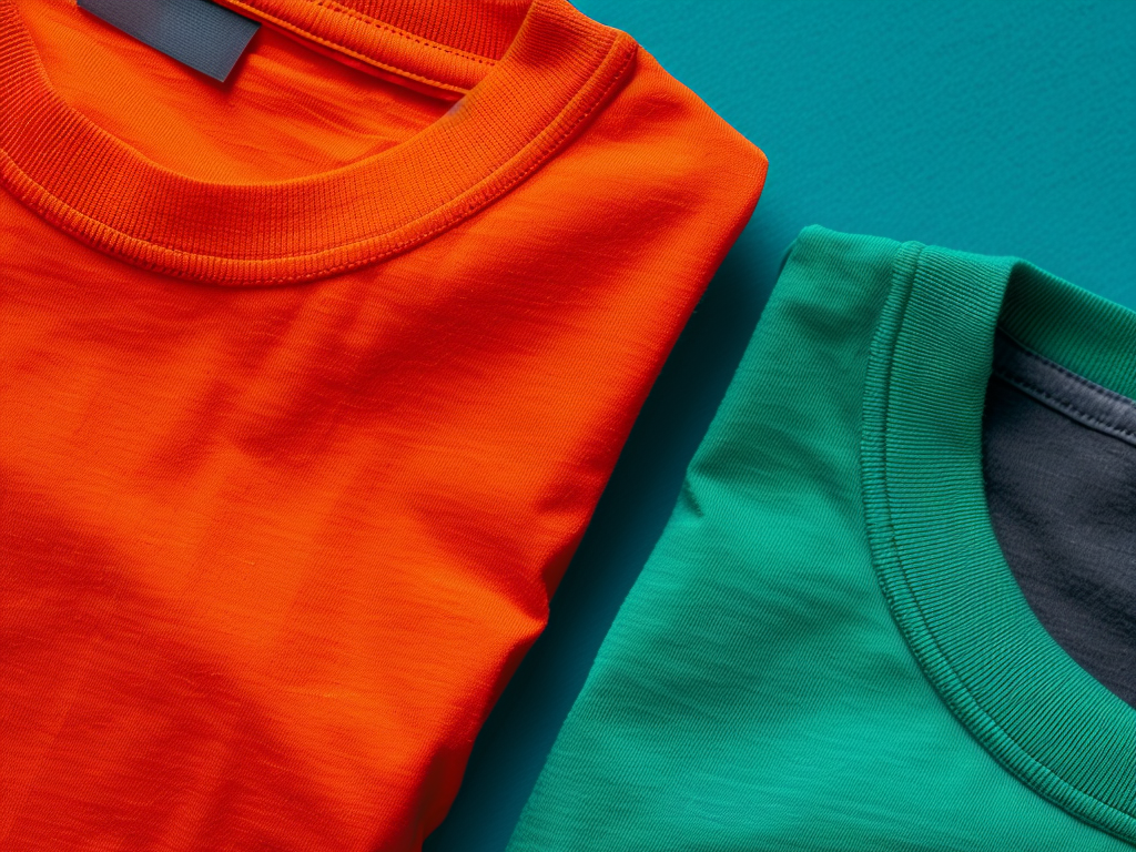 Close-up of neatly folded orange and green T-shirts showcasing vibrant and durable fabric.