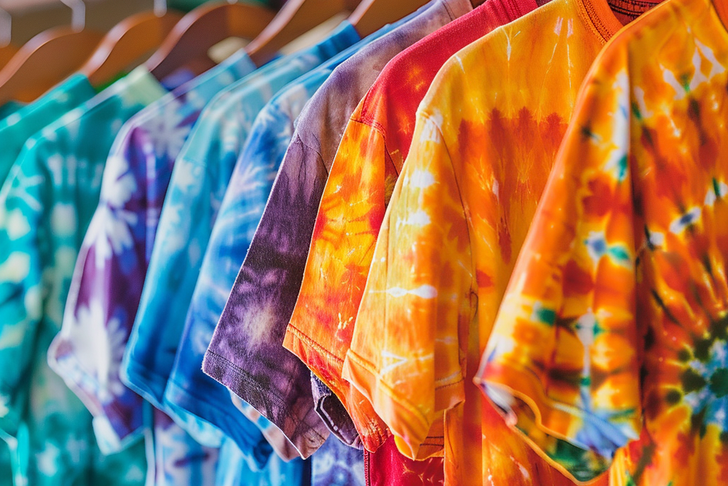 A row of brightly colored tie-dye t-shirts in various patterns hanging on wooden hangers.