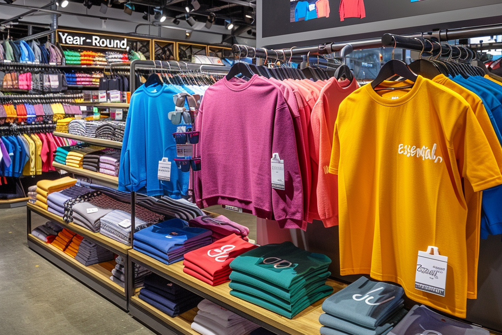 Retail store display of vibrant T-shirts and sweatshirts, folded and hung, with a