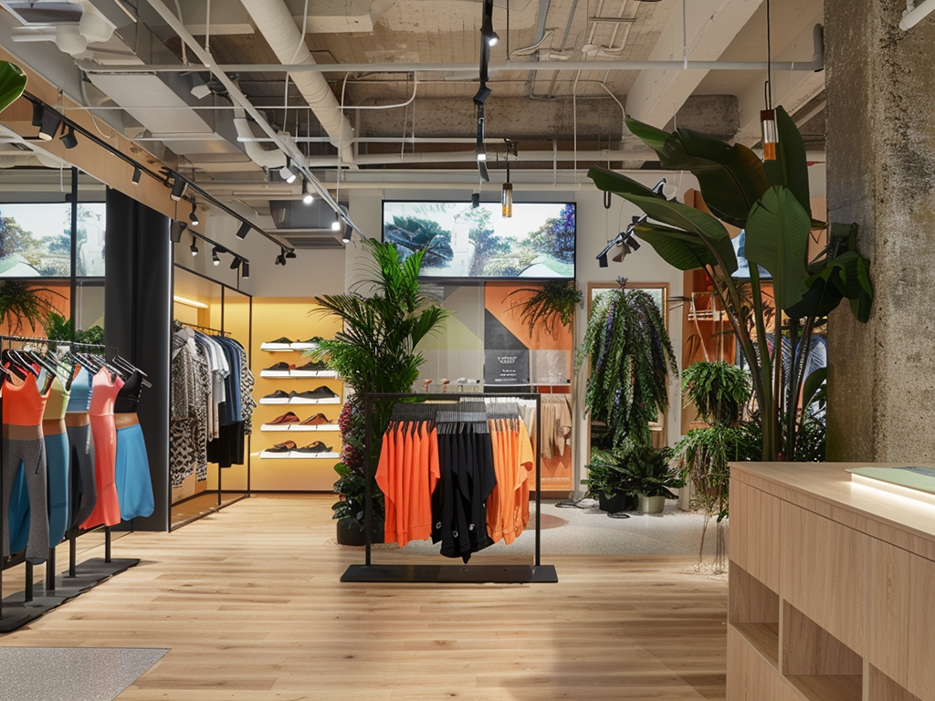 Stylish retail store with vibrant activewear, tropical decor, and natural lighting.